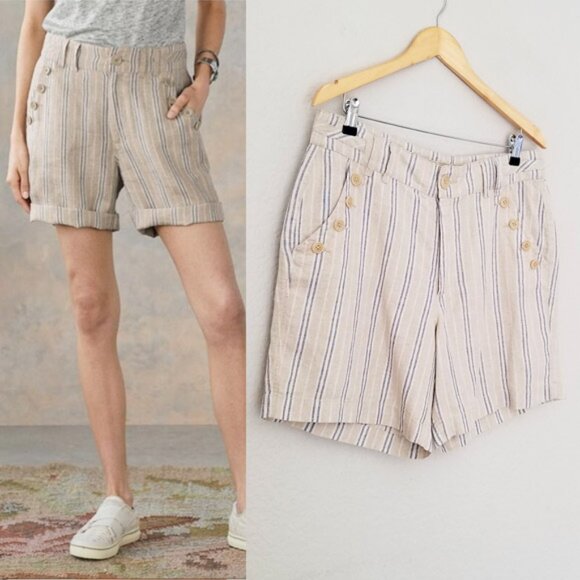 Sundance Wilde Striped 100% Linen Bermuda Shorts Beige Blue Women's 12 Petite - Picture 2 of 16